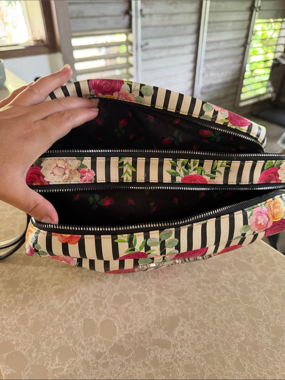 Betsey Johnson Black & White Striped Floral Wristlet Cosmetic Pouch - Picture 3 of 7